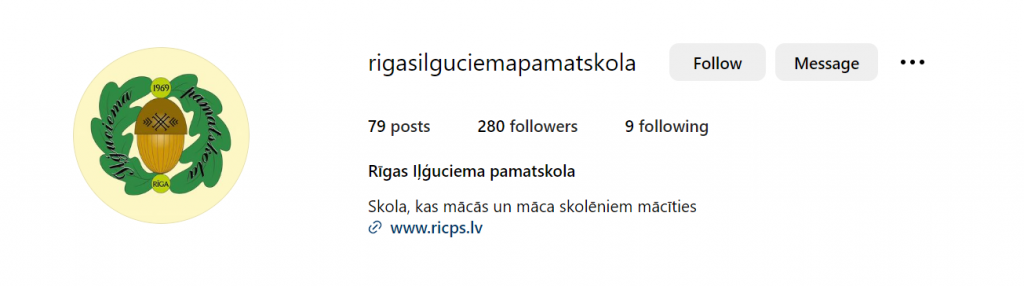 Rīgas Iļģuciema pamatskolas Instagram lapas sākumlapa ar logo